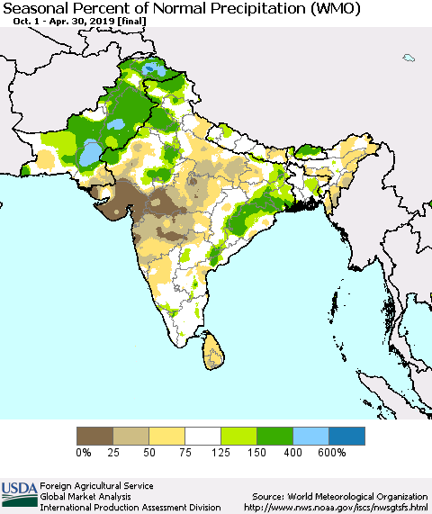 Southern Asia Seasonal Percent of Normal Precipitation (WMO) Thematic Map For 10/1/2018 - 4/30/2019