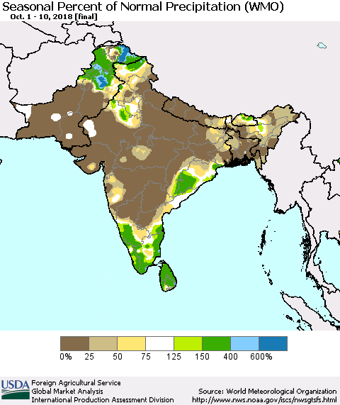 Southern Asia Seasonal Percent of Normal Precipitation (WMO) Thematic Map For 10/1/2018 - 10/10/2018