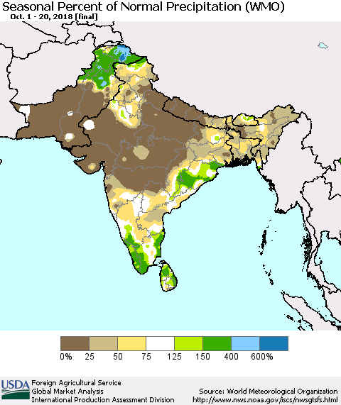 Southern Asia Seasonal Percent of Normal Precipitation (WMO) Thematic Map For 10/1/2018 - 10/20/2018
