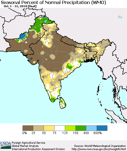 Southern Asia Seasonal Percent of Normal Precipitation (WMO) Thematic Map For 10/1/2018 - 10/31/2018