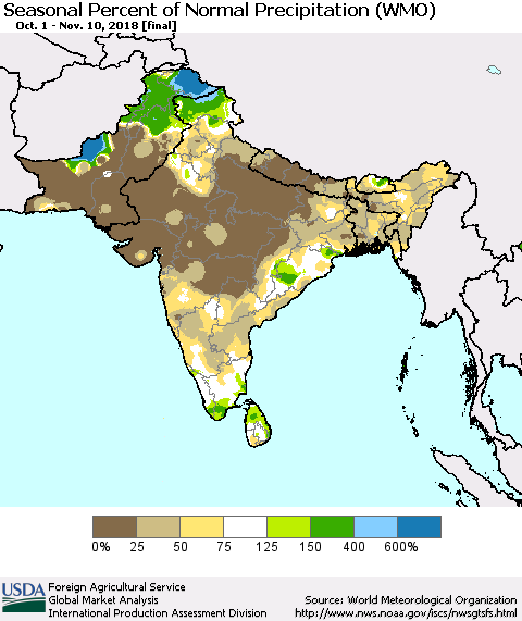 Southern Asia Seasonal Percent of Normal Precipitation (WMO) Thematic Map For 10/1/2018 - 11/10/2018