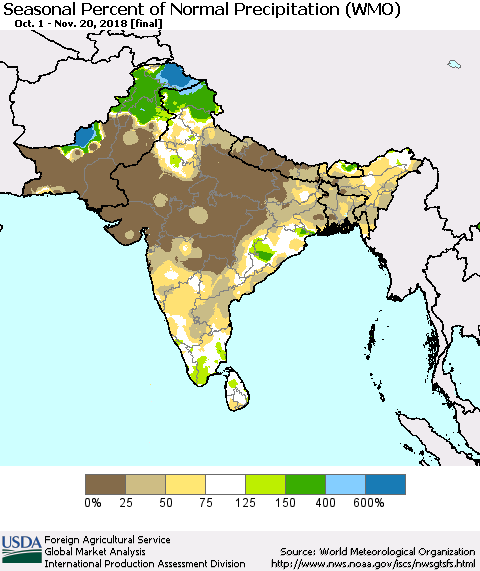 Southern Asia Seasonal Percent of Normal Precipitation (WMO) Thematic Map For 10/1/2018 - 11/20/2018