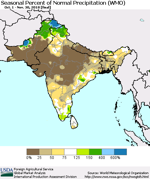 Southern Asia Seasonal Percent of Normal Precipitation (WMO) Thematic Map For 10/1/2018 - 11/30/2018