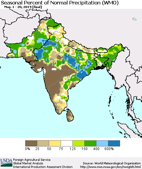 Southern Asia Seasonal Percent of Normal Precipitation (WMO) Thematic Map For 5/1/2019 - 5/20/2019