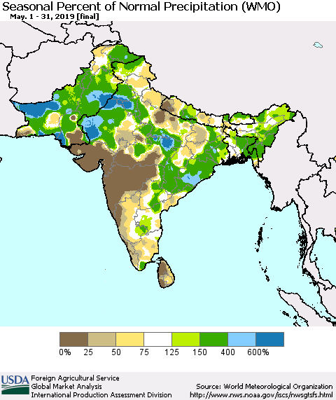 Southern Asia Seasonal Percent of Normal Precipitation (WMO) Thematic Map For 5/1/2019 - 5/31/2019