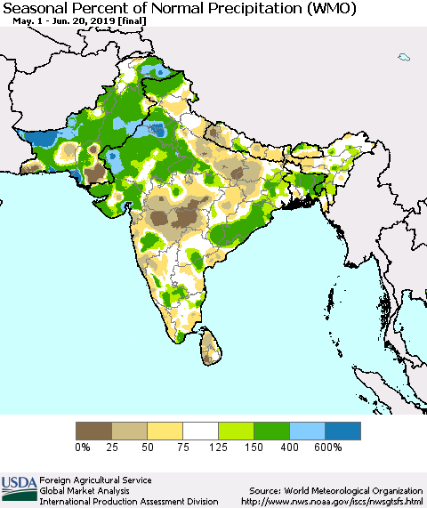 Southern Asia Seasonal Percent of Normal Precipitation (WMO) Thematic Map For 5/1/2019 - 6/20/2019