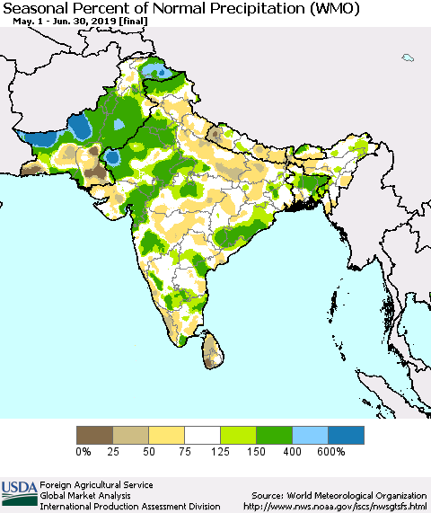 Southern Asia Seasonal Percent of Normal Precipitation (WMO) Thematic Map For 5/1/2019 - 6/30/2019