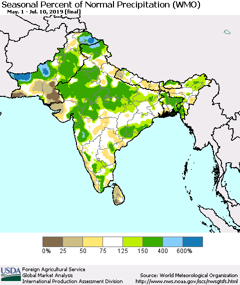 Southern Asia Seasonal Percent of Normal Precipitation (WMO) Thematic Map For 5/1/2019 - 7/10/2019