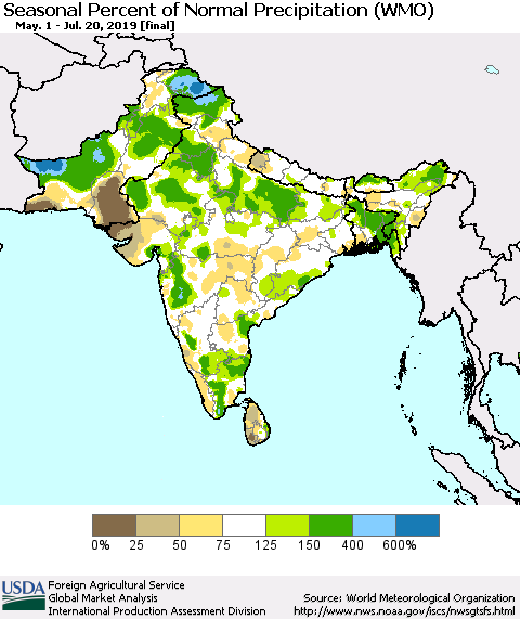 Southern Asia Seasonal Percent of Normal Precipitation (WMO) Thematic Map For 5/1/2019 - 7/20/2019