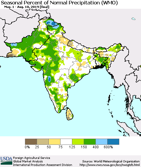 Southern Asia Seasonal Percent of Normal Precipitation (WMO) Thematic Map For 5/1/2019 - 8/10/2019