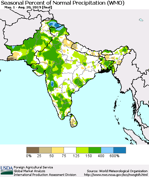 Southern Asia Seasonal Percent of Normal Precipitation (WMO) Thematic Map For 5/1/2019 - 8/20/2019