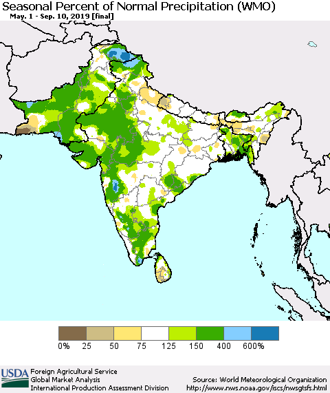 Southern Asia Seasonal Percent of Normal Precipitation (WMO) Thematic Map For 5/1/2019 - 9/10/2019