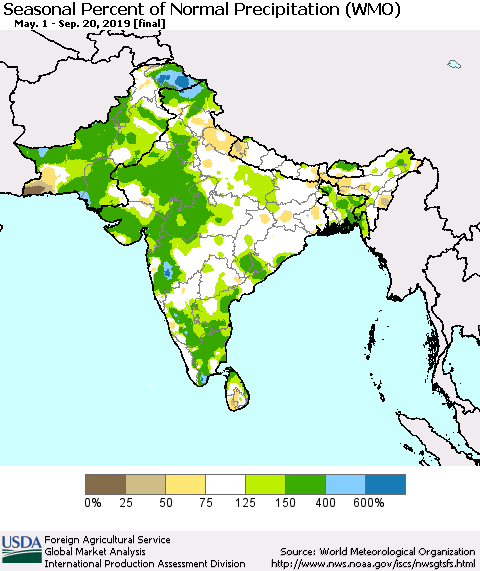 Southern Asia Seasonal Percent of Normal Precipitation (WMO) Thematic Map For 5/1/2019 - 9/20/2019