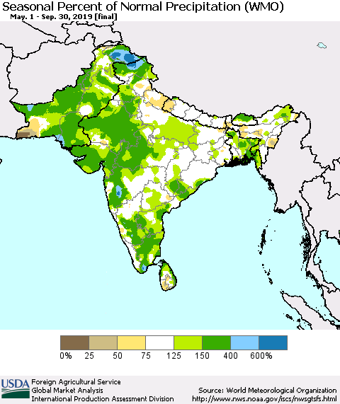 Southern Asia Seasonal Percent of Normal Precipitation (WMO) Thematic Map For 5/1/2019 - 9/30/2019