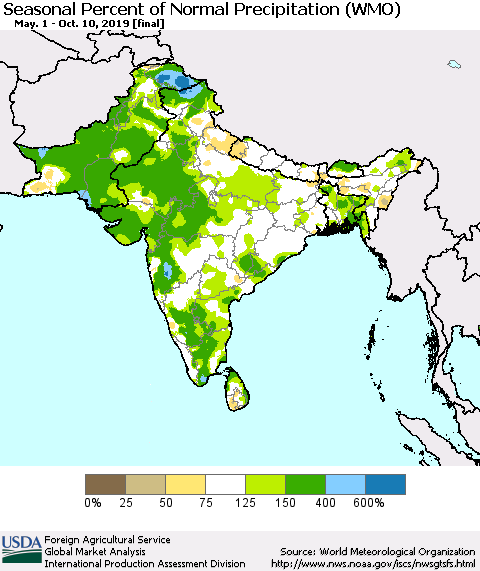 Southern Asia Seasonal Percent of Normal Precipitation (WMO) Thematic Map For 5/1/2019 - 10/10/2019