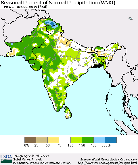 Southern Asia Seasonal Percent of Normal Precipitation (WMO) Thematic Map For 5/1/2019 - 10/20/2019