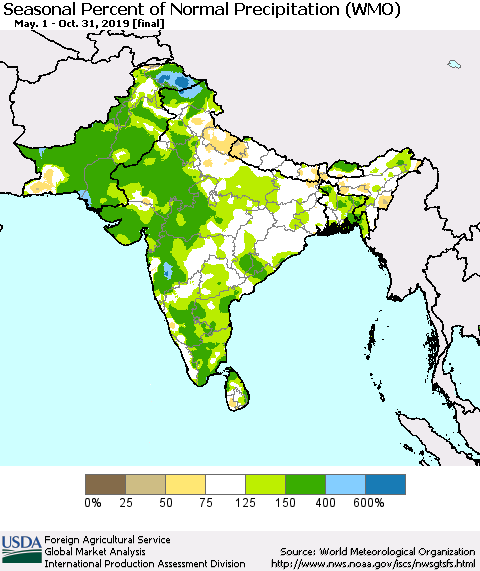 Southern Asia Seasonal Percent of Normal Precipitation (WMO) Thematic Map For 5/1/2019 - 10/31/2019