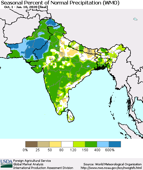 Southern Asia Seasonal Percent of Normal Precipitation (WMO) Thematic Map For 10/1/2019 - 1/10/2020