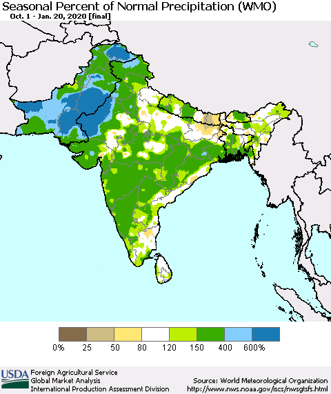 Southern Asia Seasonal Percent of Normal Precipitation (WMO) Thematic Map For 10/1/2019 - 1/20/2020