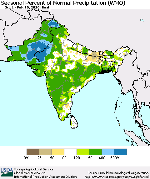 Southern Asia Seasonal Percent of Normal Precipitation (WMO) Thematic Map For 10/1/2019 - 2/10/2020