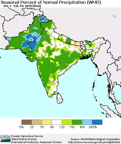 Southern Asia Seasonal Percent of Normal Precipitation (WMO) Thematic Map For 10/1/2019 - 2/29/2020