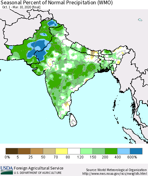 Southern Asia Seasonal Percent of Normal Precipitation (WMO) Thematic Map For 10/1/2019 - 3/10/2020