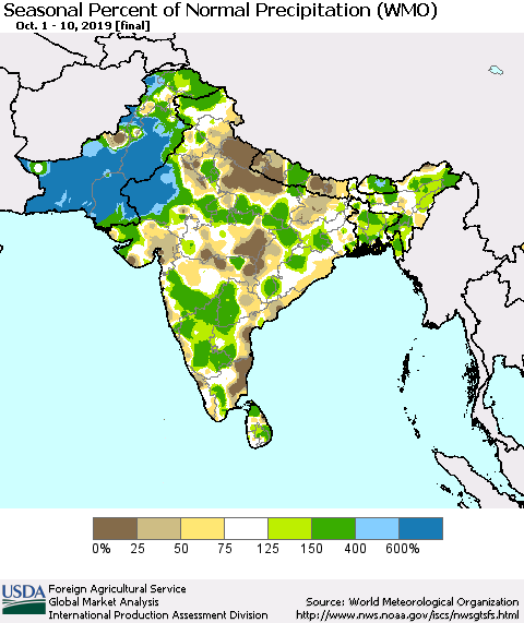 Southern Asia Seasonal Percent of Normal Precipitation (WMO) Thematic Map For 10/1/2019 - 10/10/2019