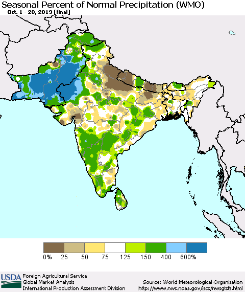 Southern Asia Seasonal Percent of Normal Precipitation (WMO) Thematic Map For 10/1/2019 - 10/20/2019