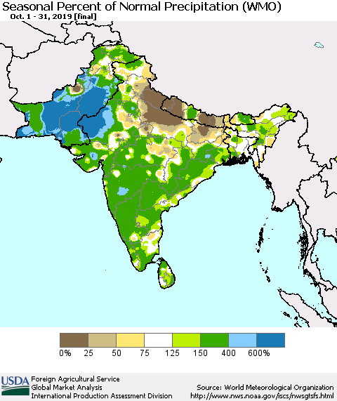 Southern Asia Seasonal Percent of Normal Precipitation (WMO) Thematic Map For 10/1/2019 - 10/31/2019