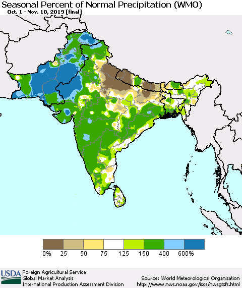 Southern Asia Seasonal Percent of Normal Precipitation (WMO) Thematic Map For 10/1/2019 - 11/10/2019