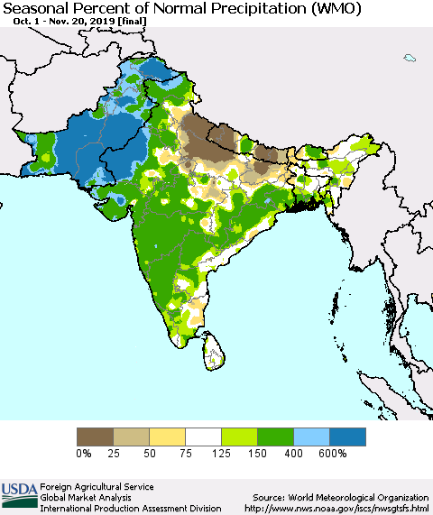 Southern Asia Seasonal Percent of Normal Precipitation (WMO) Thematic Map For 10/1/2019 - 11/20/2019