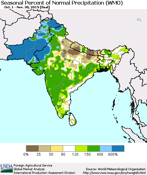 Southern Asia Seasonal Percent of Normal Precipitation (WMO) Thematic Map For 10/1/2019 - 11/30/2019