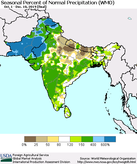 Southern Asia Seasonal Percent of Normal Precipitation (WMO) Thematic Map For 10/1/2019 - 12/10/2019