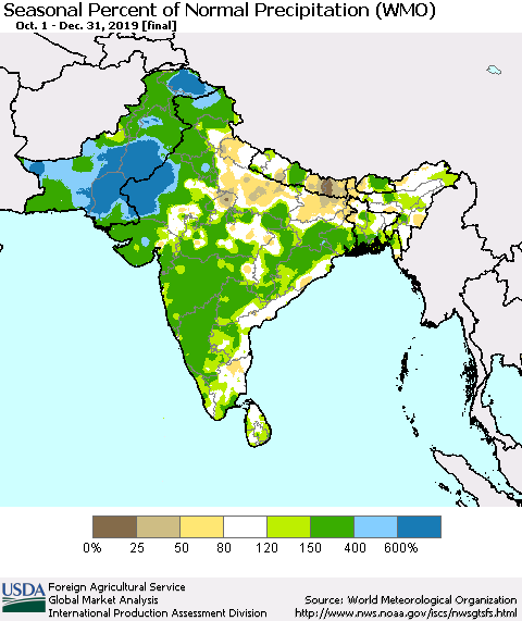 Southern Asia Seasonal Percent of Normal Precipitation (WMO) Thematic Map For 10/1/2019 - 12/31/2019