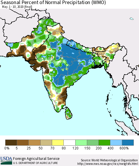 Southern Asia Seasonal Percent of Normal Precipitation (WMO) Thematic Map For 5/1/2020 - 5/10/2020