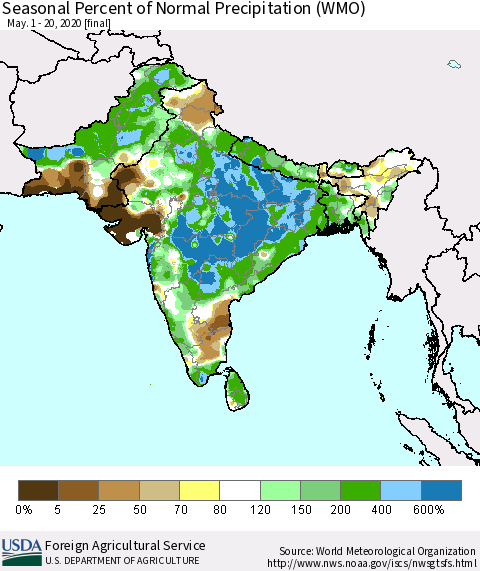 Southern Asia Seasonal Percent of Normal Precipitation (WMO) Thematic Map For 5/1/2020 - 5/20/2020