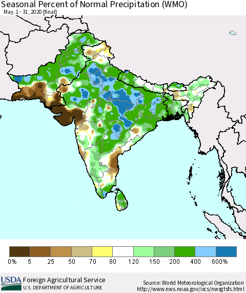 Southern Asia Seasonal Percent of Normal Precipitation (WMO) Thematic Map For 5/1/2020 - 5/31/2020