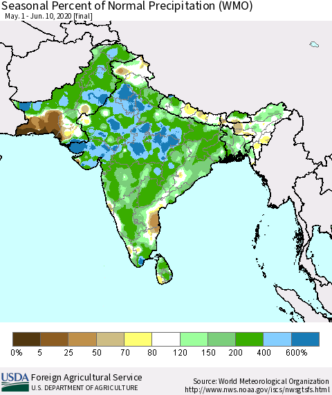 Southern Asia Seasonal Percent of Normal Precipitation (WMO) Thematic Map For 5/1/2020 - 6/10/2020