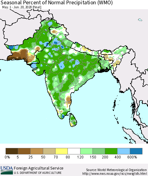 Southern Asia Seasonal Percent of Normal Precipitation (WMO) Thematic Map For 5/1/2020 - 6/20/2020