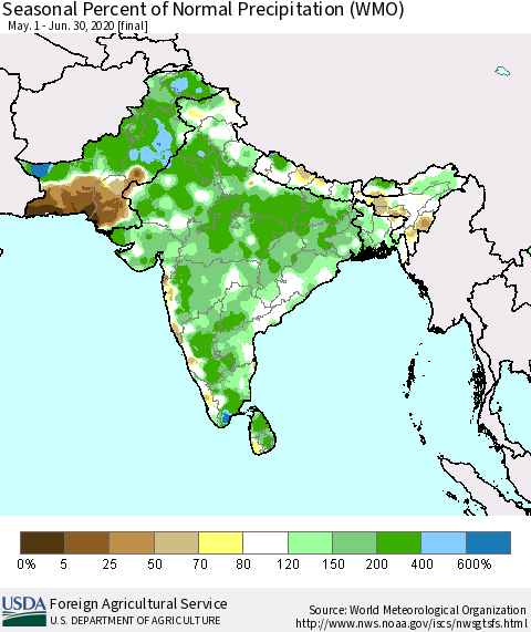 Southern Asia Seasonal Percent of Normal Precipitation (WMO) Thematic Map For 5/1/2020 - 6/30/2020