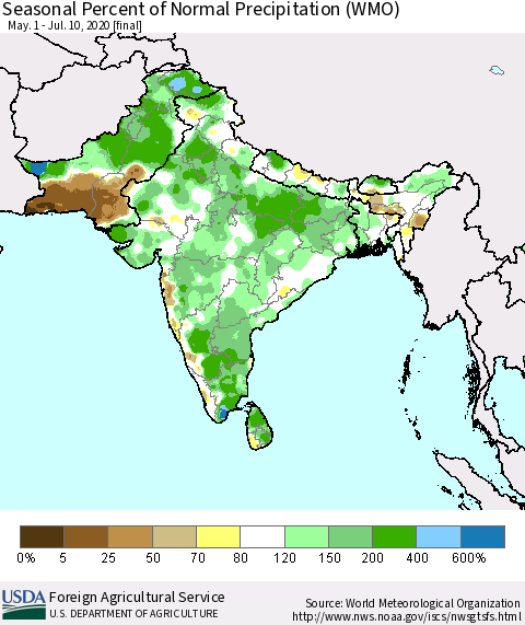 Southern Asia Seasonal Percent of Normal Precipitation (WMO) Thematic Map For 5/1/2020 - 7/10/2020