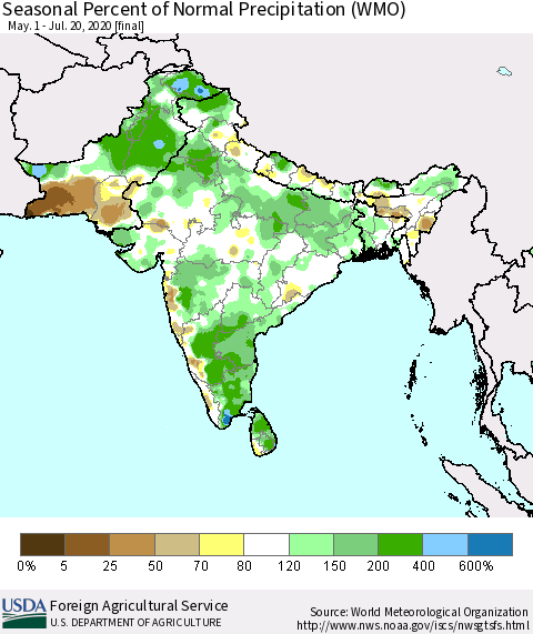 Southern Asia Seasonal Percent of Normal Precipitation (WMO) Thematic Map For 5/1/2020 - 7/20/2020