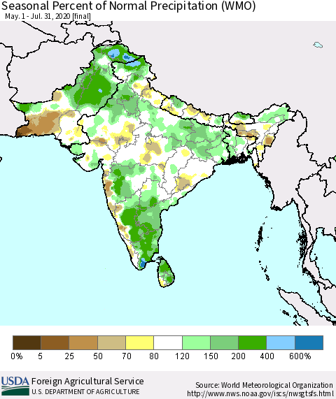 Southern Asia Seasonal Percent of Normal Precipitation (WMO) Thematic Map For 5/1/2020 - 7/31/2020