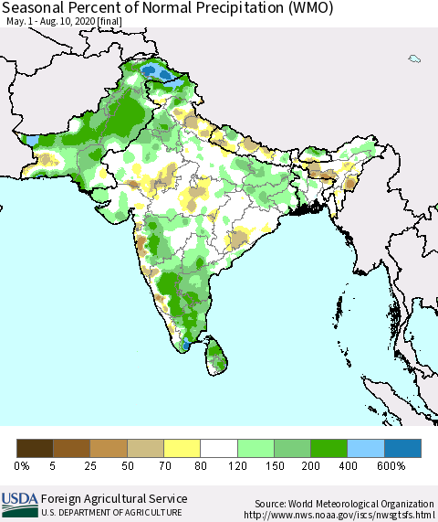 Southern Asia Seasonal Percent of Normal Precipitation (WMO) Thematic Map For 5/1/2020 - 8/10/2020
