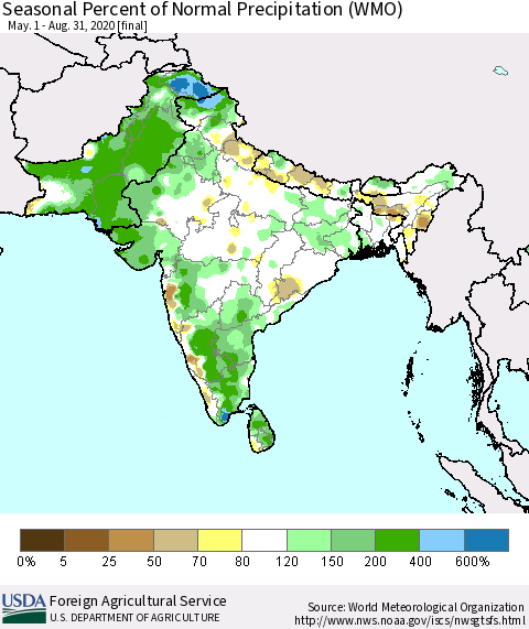 Southern Asia Seasonal Percent of Normal Precipitation (WMO) Thematic Map For 5/1/2020 - 8/31/2020