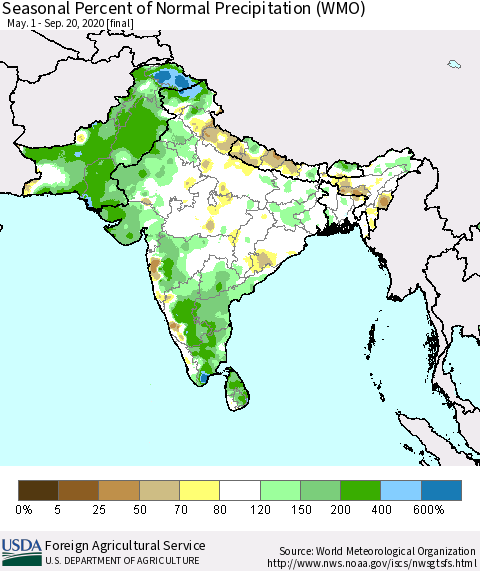 Southern Asia Seasonal Percent of Normal Precipitation (WMO) Thematic Map For 5/1/2020 - 9/20/2020