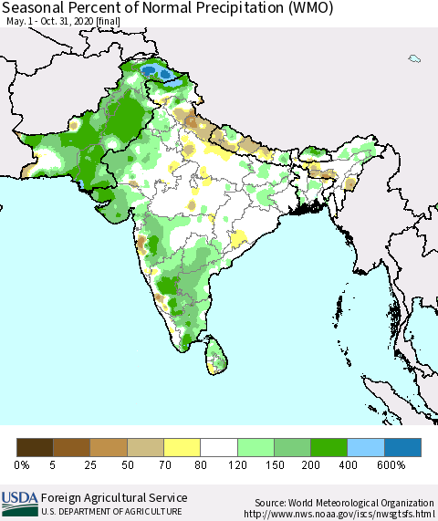 Southern Asia Seasonal Percent of Normal Precipitation (WMO) Thematic Map For 5/1/2020 - 10/31/2020