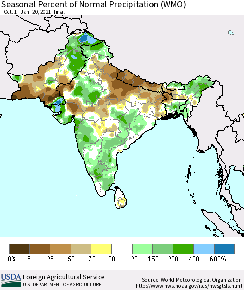 Southern Asia Seasonal Percent of Normal Precipitation (WMO) Thematic Map For 10/1/2020 - 1/20/2021