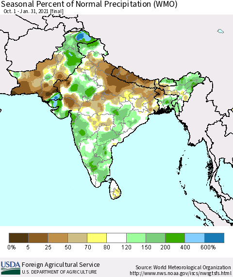 Southern Asia Seasonal Percent of Normal Precipitation (WMO) Thematic Map For 10/1/2020 - 1/31/2021