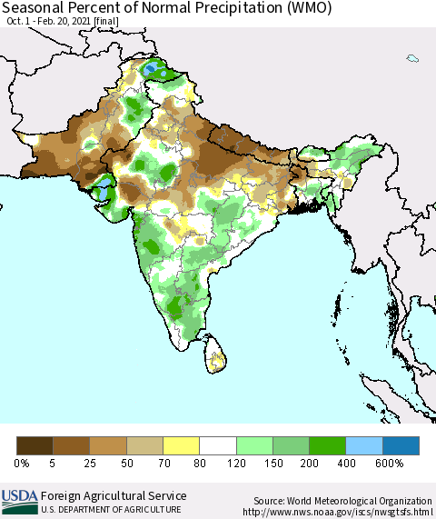Southern Asia Seasonal Percent of Normal Precipitation (WMO) Thematic Map For 10/1/2020 - 2/20/2021